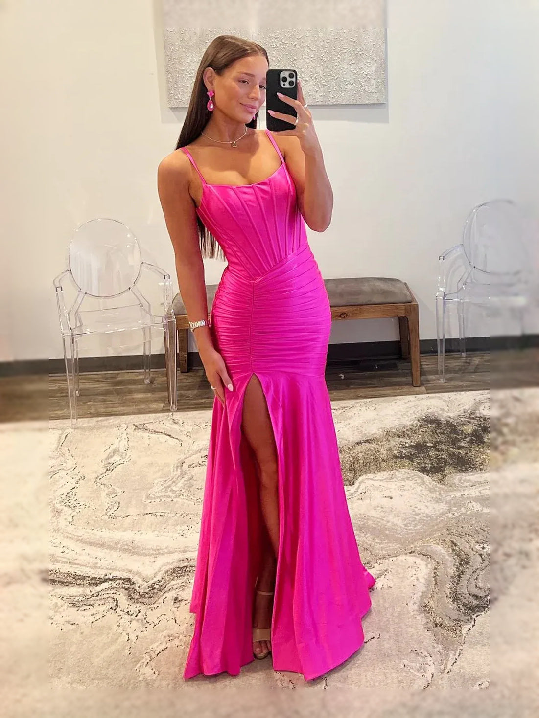 Hot Pink maxi prom dress, back view showing the rear of the dress
