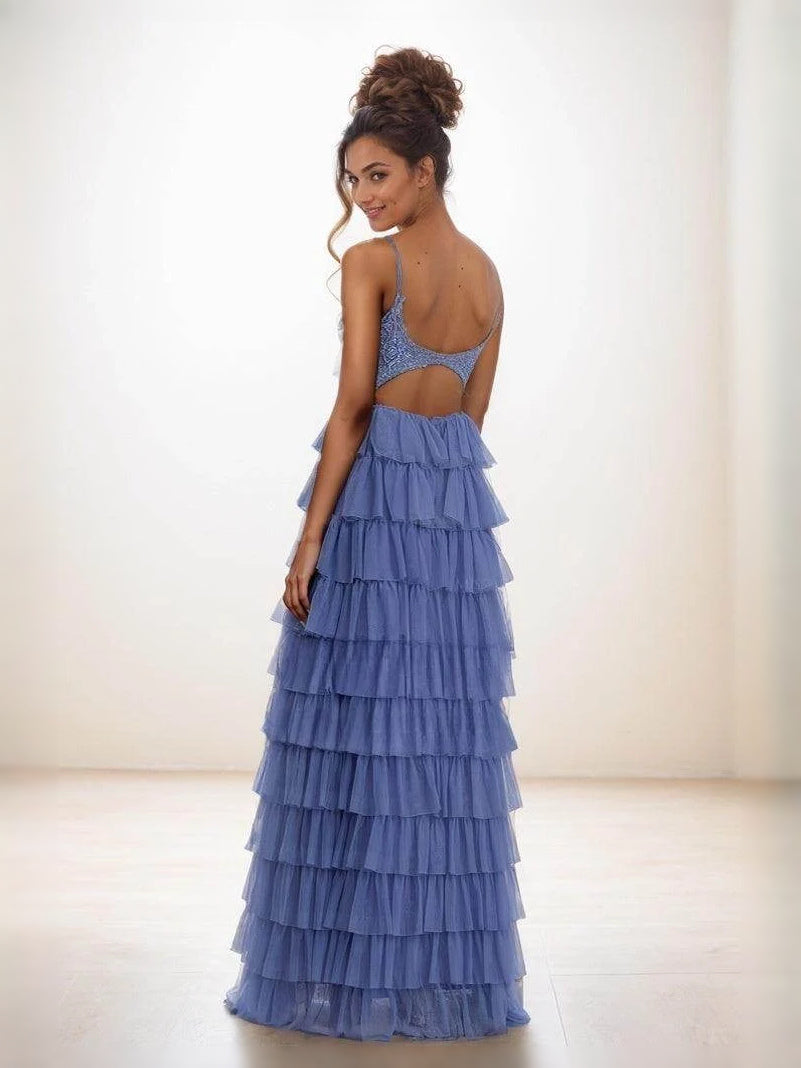 Navy Blue maxi prom dress, back view showing the rear of the dress