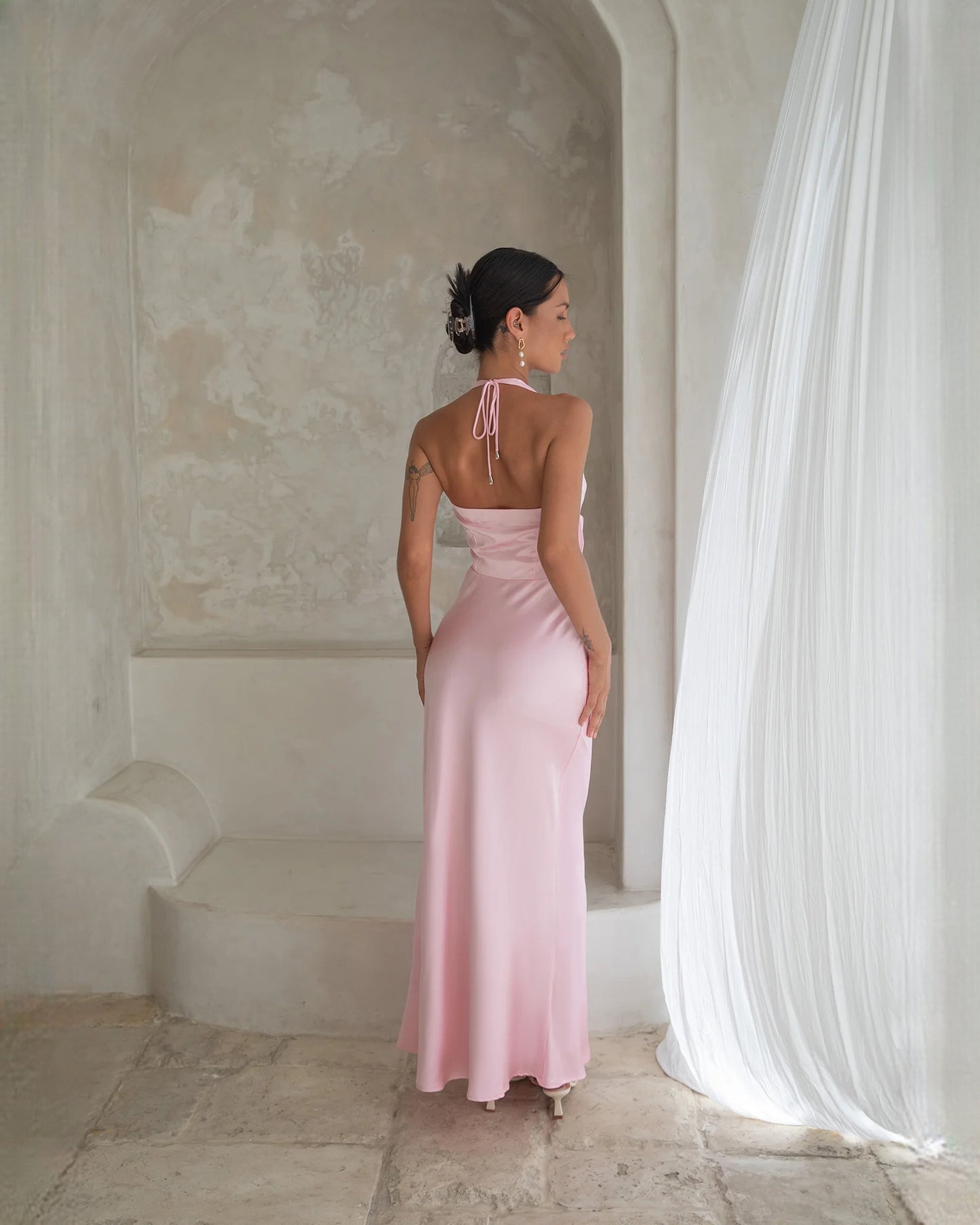 halter neck structured satin a-line maxi bridesmaid dress - image 2