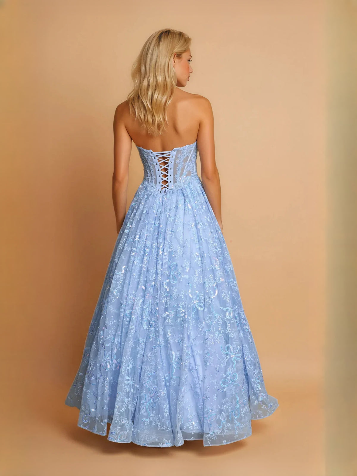 Light Blue maxi prom dress, back view showing the rear of the dress