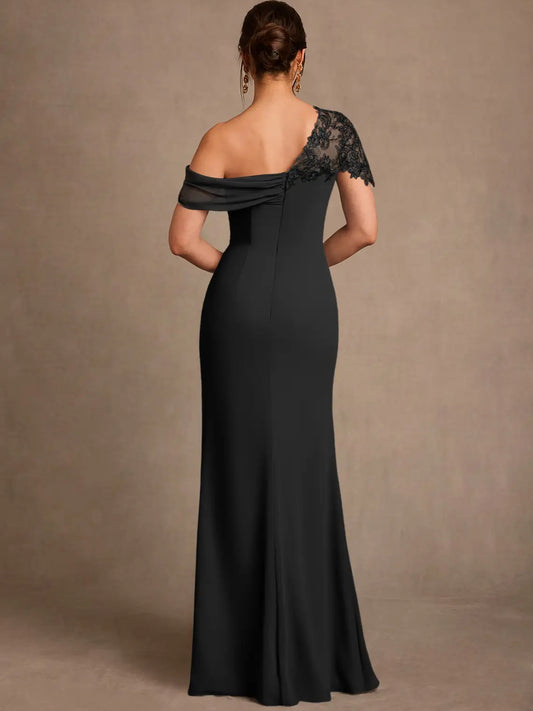 Black floor-length mother of the bride dress, alternate view showing the bodice and skirt