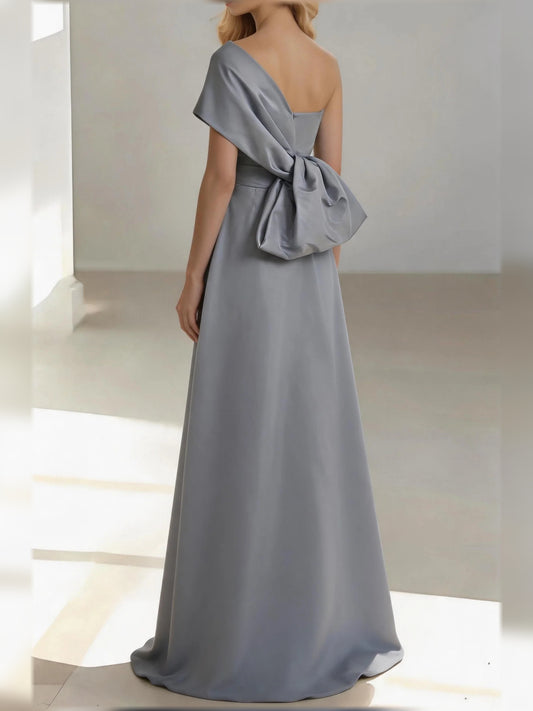 Silver floor-length mother of the bride dress, alternate view showing the bodice and skirt