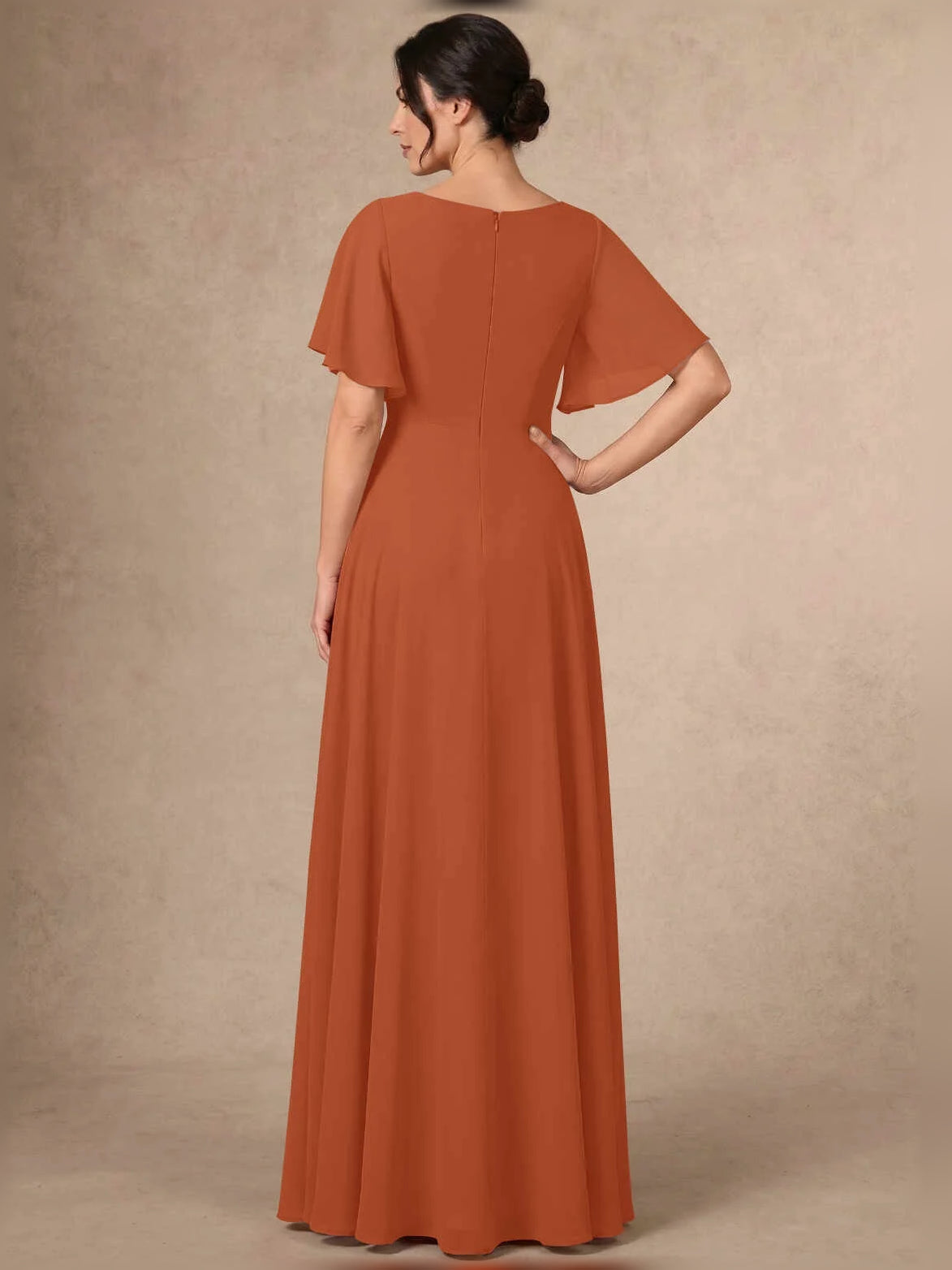 Burnt Orange maxi mother of the bride dress, alternate view showing the bodice and skirt