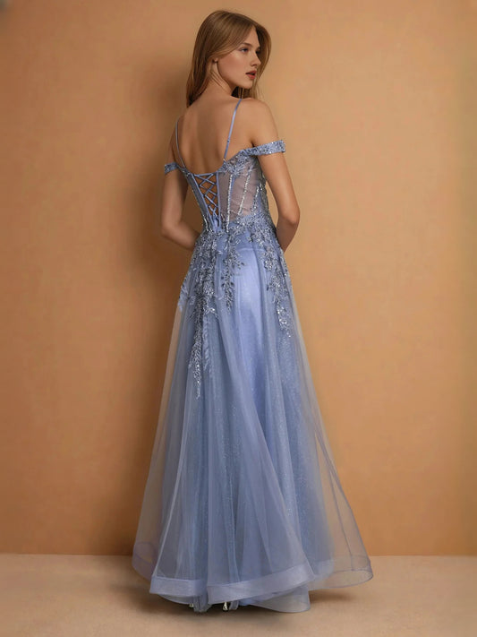 Dusty Blue maxi prom dress, alternate view showing the bodice and skirt