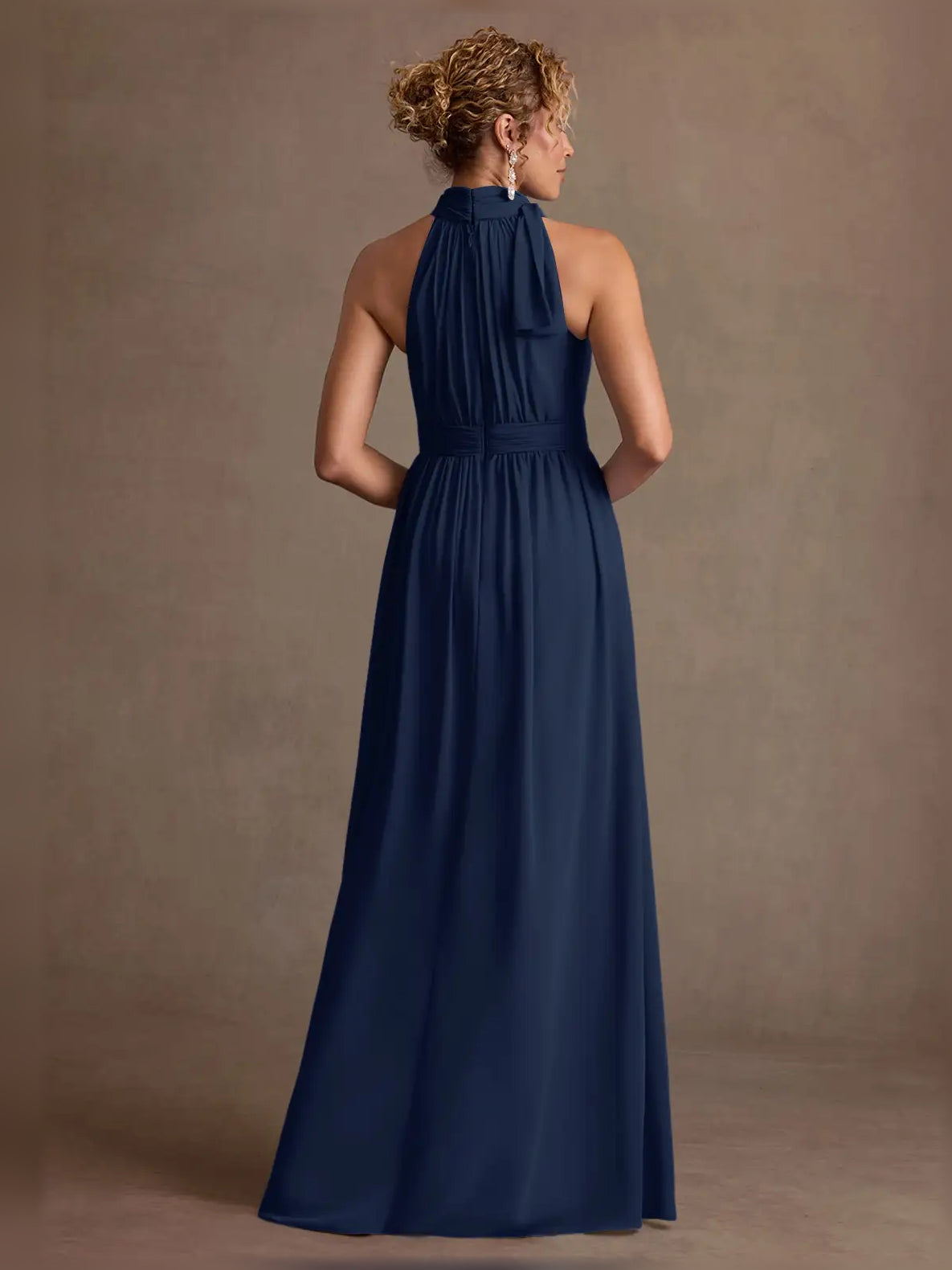Navy Blue a-line floor-length formal dress with bow detail, alternate view