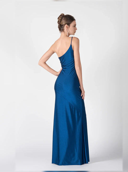 Dark Blue mermaid floor-length formal dress with ruching, alternate view