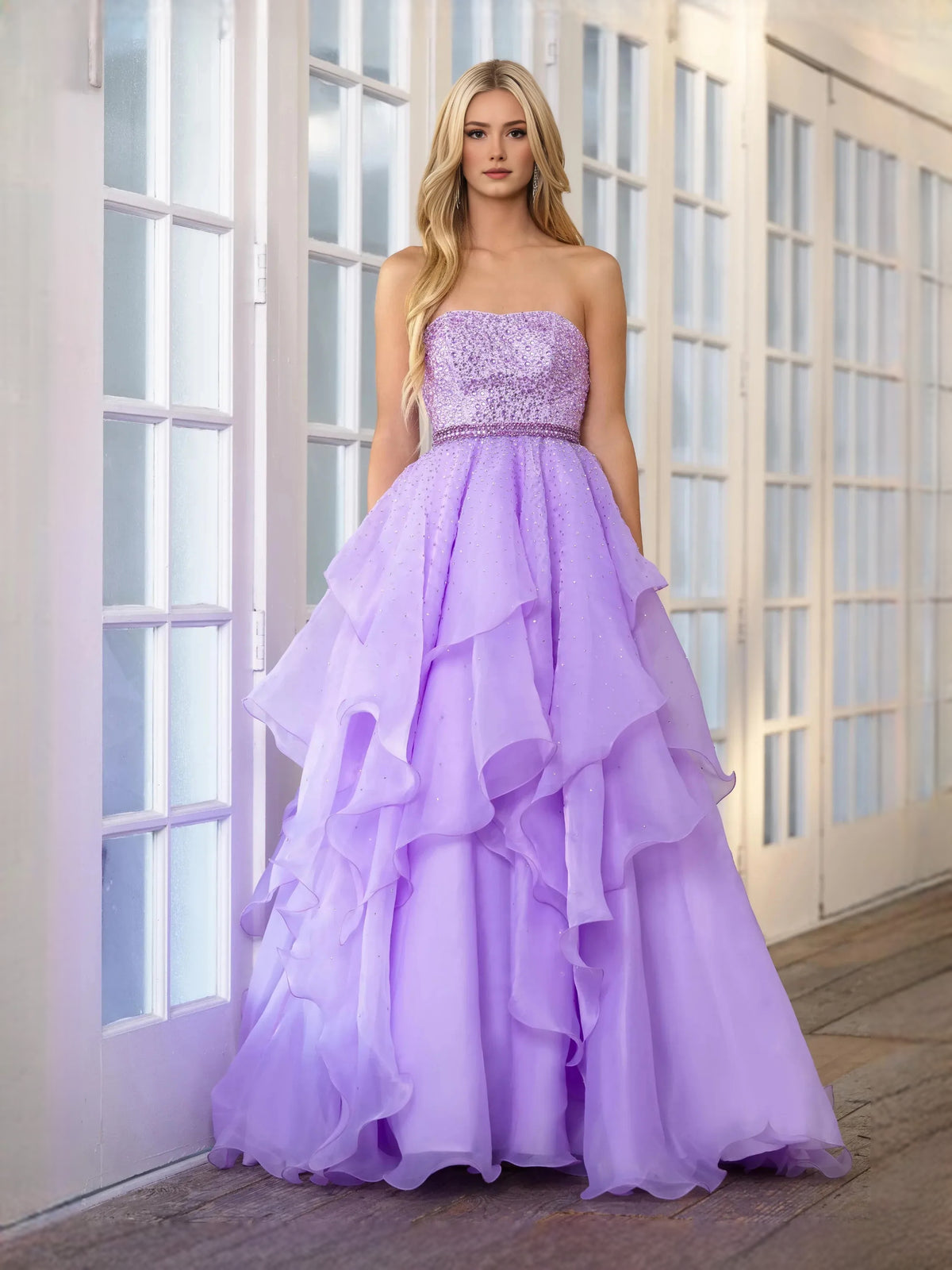 Lilac floor-length prom dress, alternate view showing the bodice and skirt