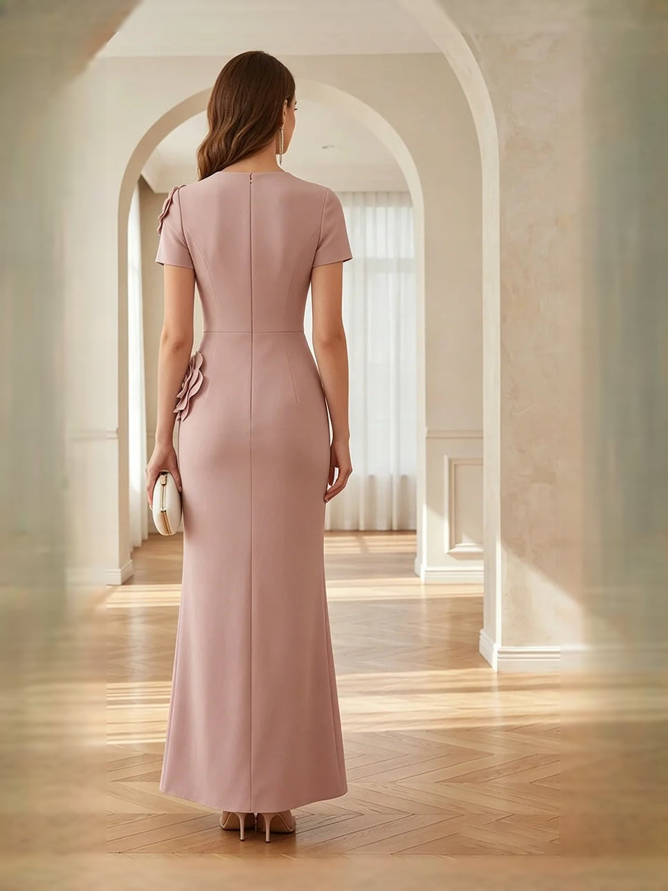 Dusty Rose short mother of the bride dress, alternate view showing the bodice and skirt