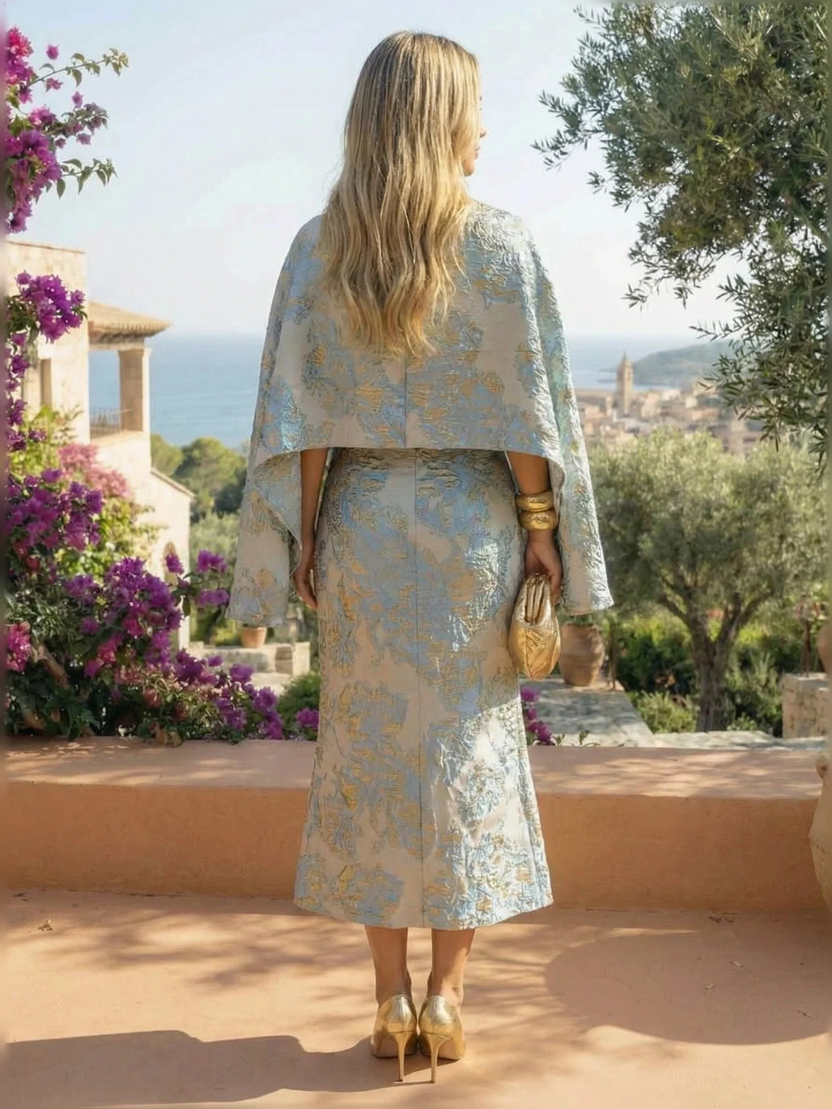 Dusty Blue midi mother of the bride dress, alternate view showing the bodice and skirt