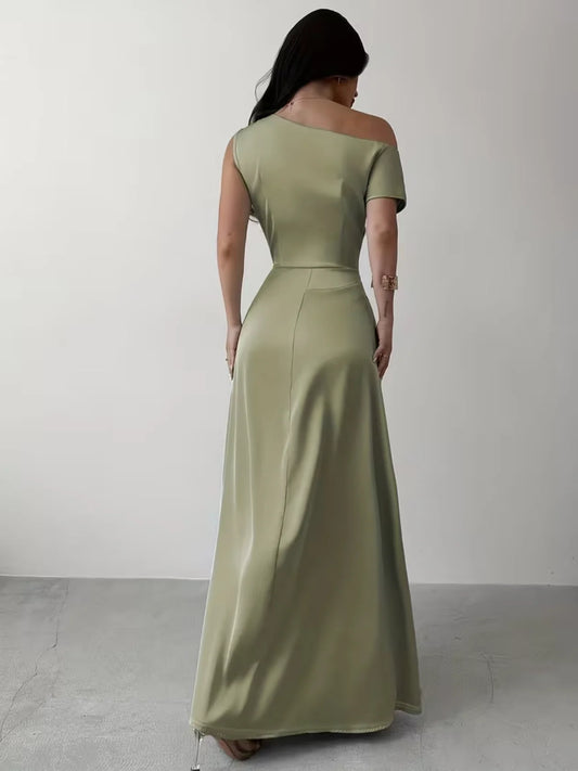Olive Green sheath floor-length formal dress with draping, alternate view