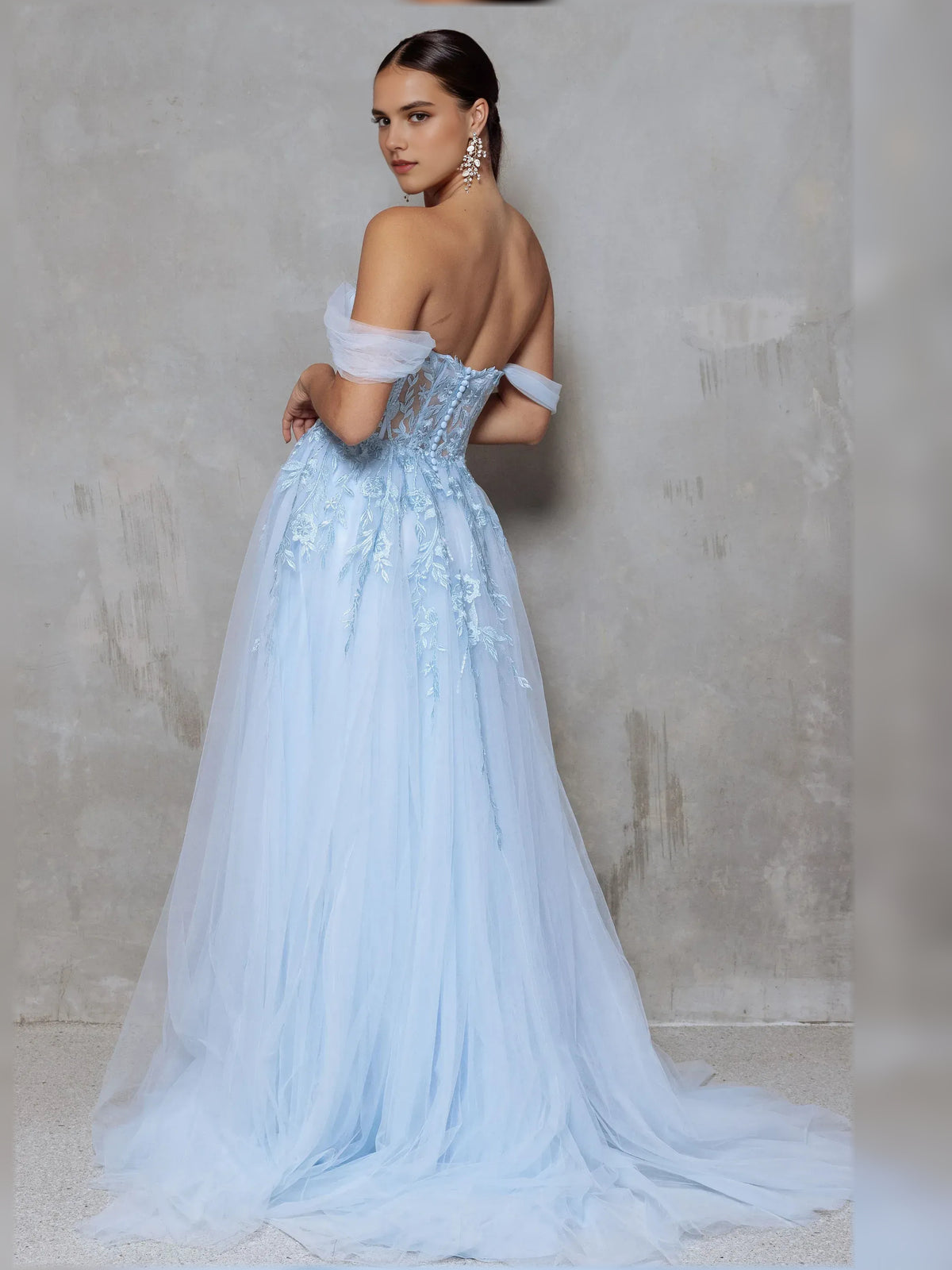 Sky Blue a-line maxi formal dress with floral appliqué, alternate view