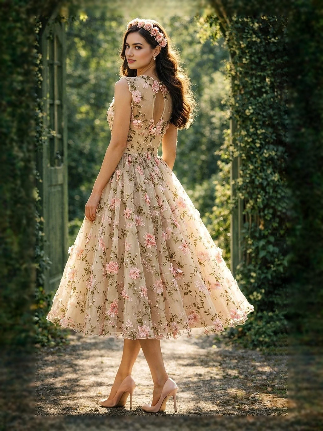 Pearl Pink midi prom dress, alternate view showing the bodice and skirt