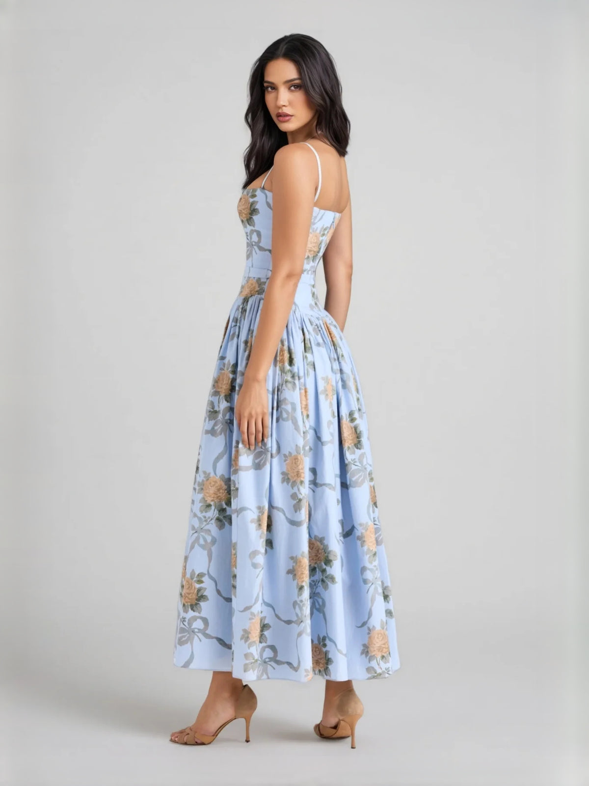 Light Blue tea-length prom dress, alternate view showing the bodice and skirt