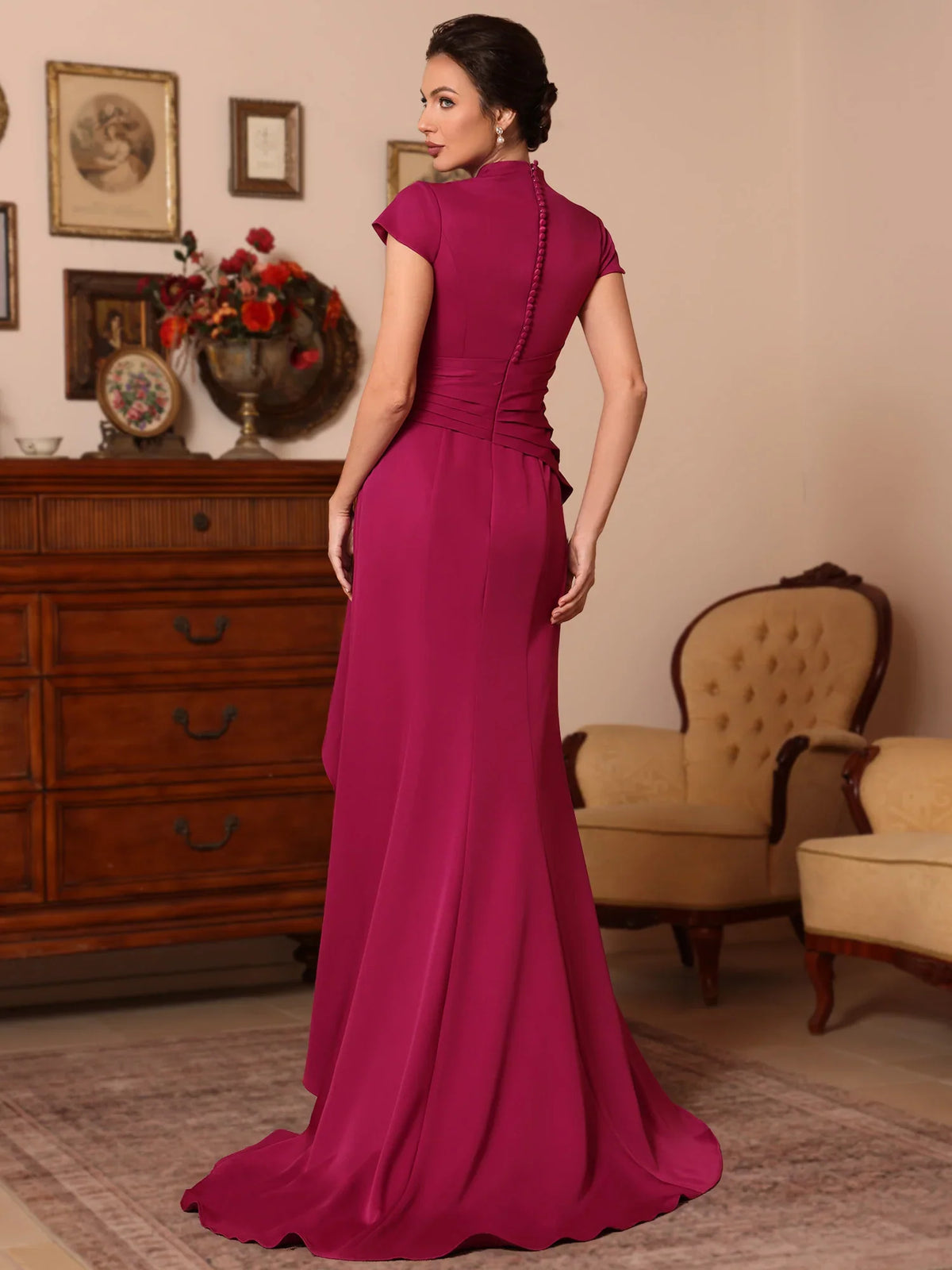 Raspberry floor-length mother of the bride dress, alternate view showing the bodice and skirt
