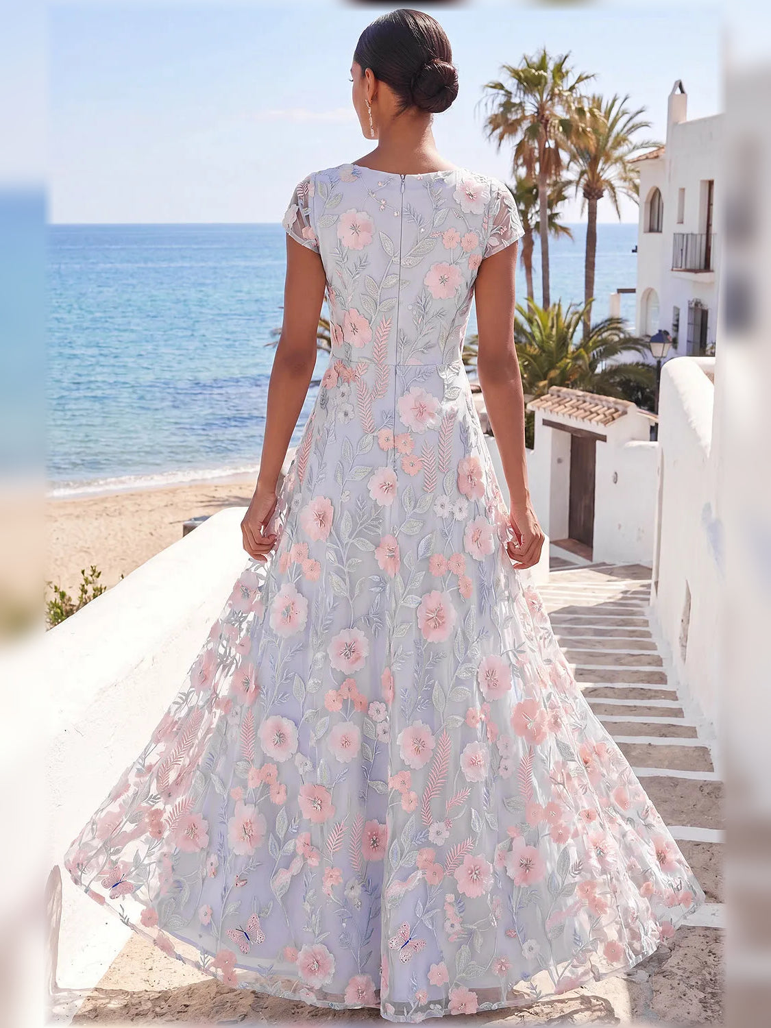 Light Blue a-line maxi formal dress with embroidery, alternate view