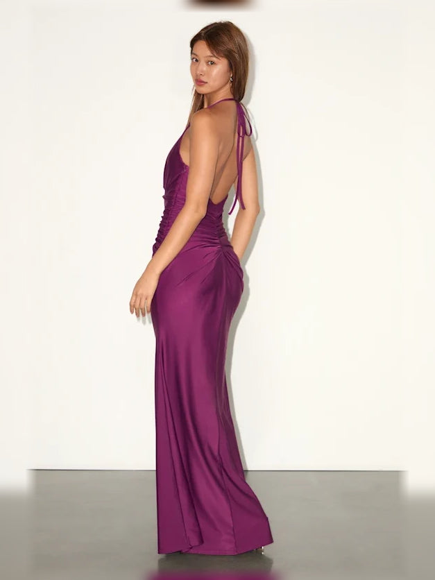 Plum mermaid floor-length formal dress with draping, alternate view