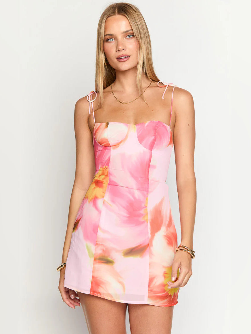 Pink Floral mini homecoming dress, alternate view showing the bodice and skirt