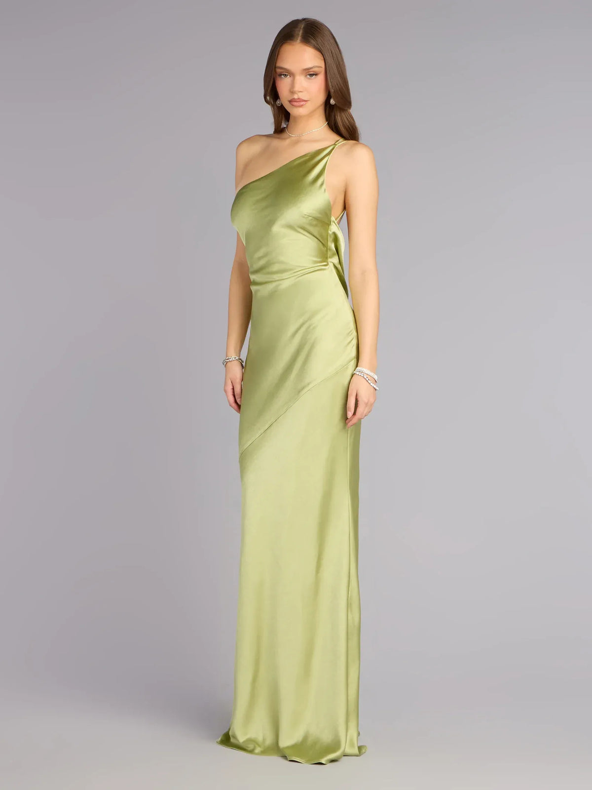 Sage Green maxi prom dress, back view showing the rear of the dress