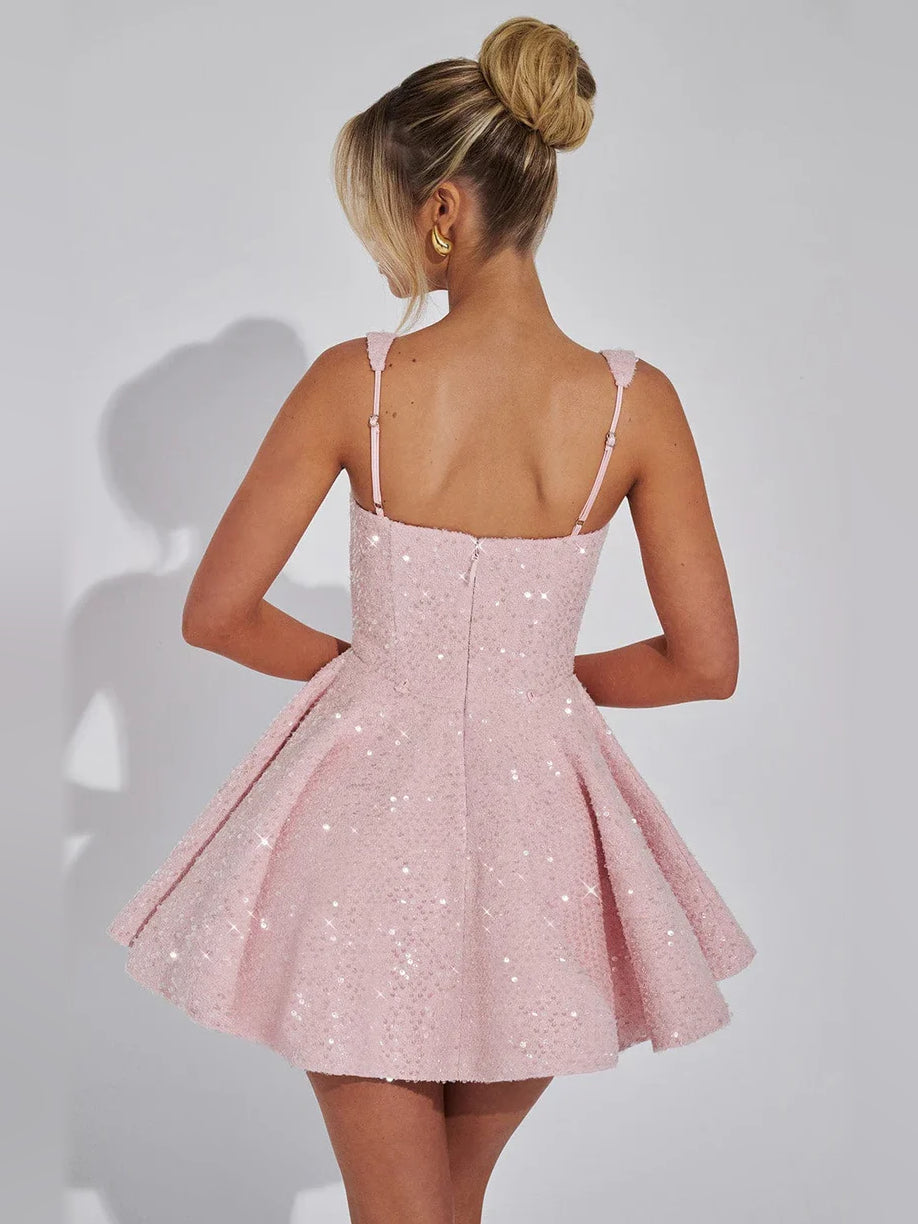 Blush Pink mini homecoming dress, back view showing the rear of the dress