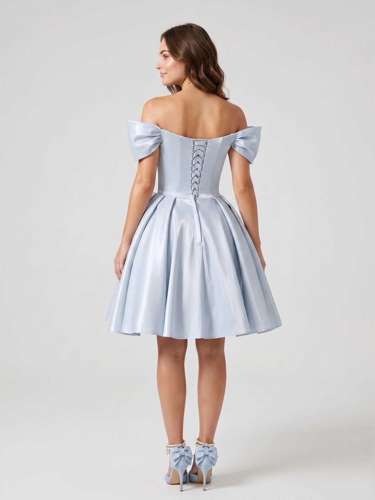 Sky Blue short homecoming dress, back view showing the rear of the dress
