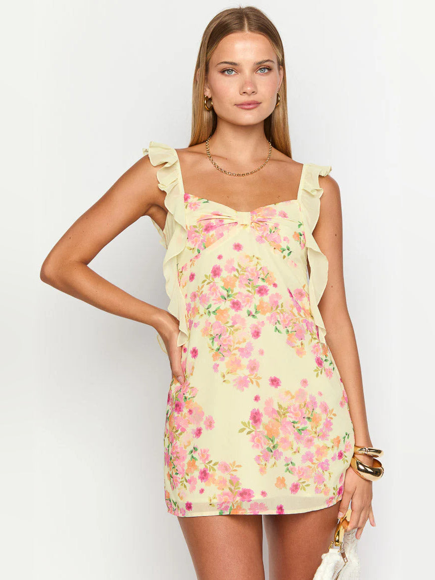 Yellow mini homecoming dress, alternate view showing the bodice and skirt