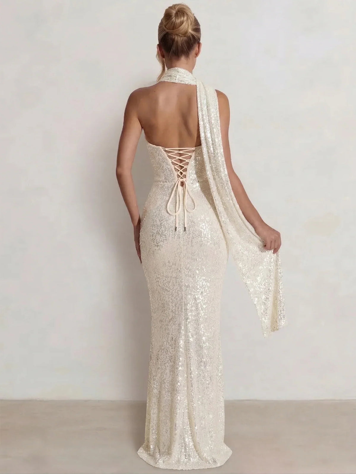 Champagne mermaid floor-length formal dress with draping, alternate view