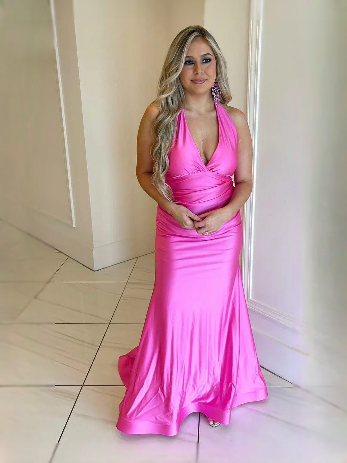Hot Pink maxi prom dress, back view showing the rear of the dress
