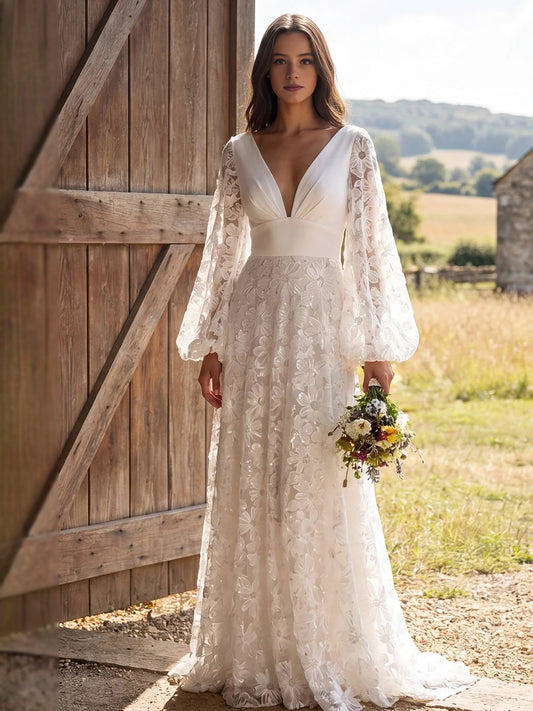 Ivory floor-length wedding dress, alternate view showing the bodice and skirt
