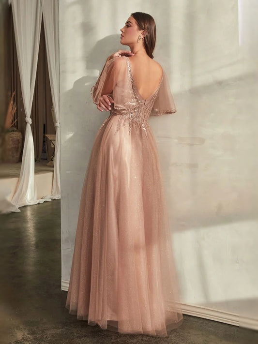 Rose Gold floor-length prom dress, back view showing the rear of the dress