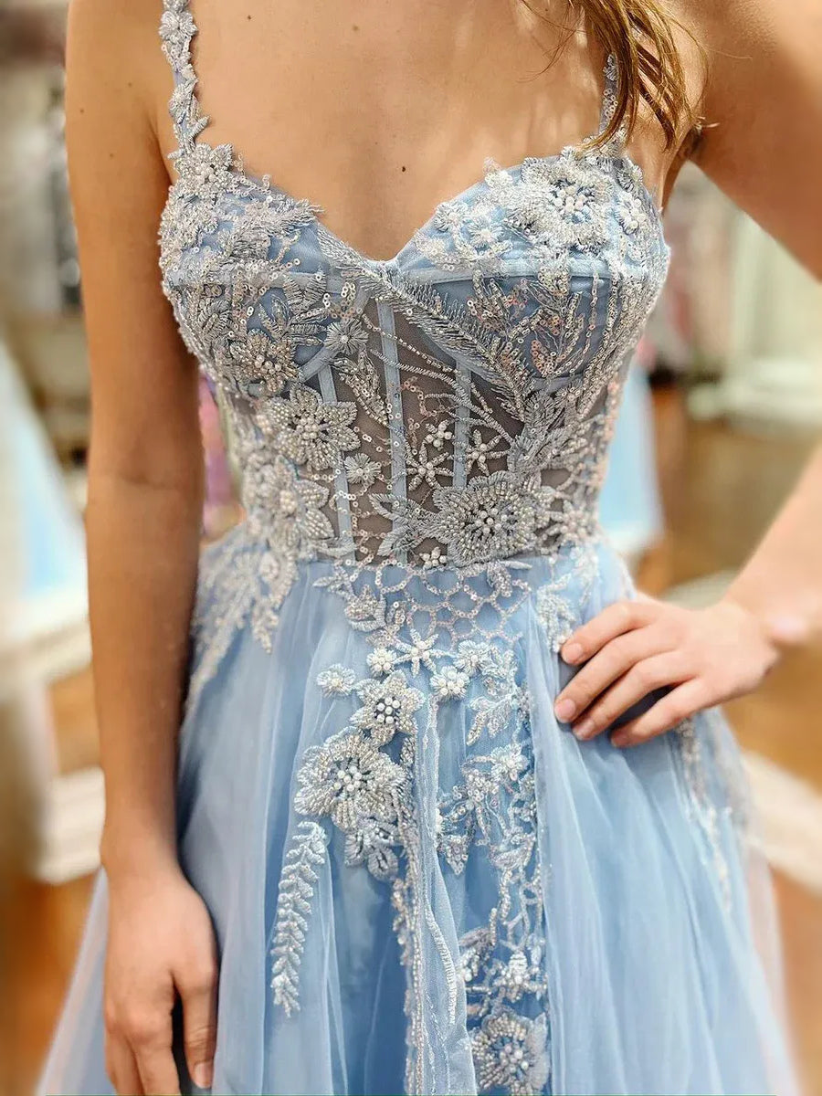 Light Blue floor-length prom dress, alternate view showing the bodice and skirt