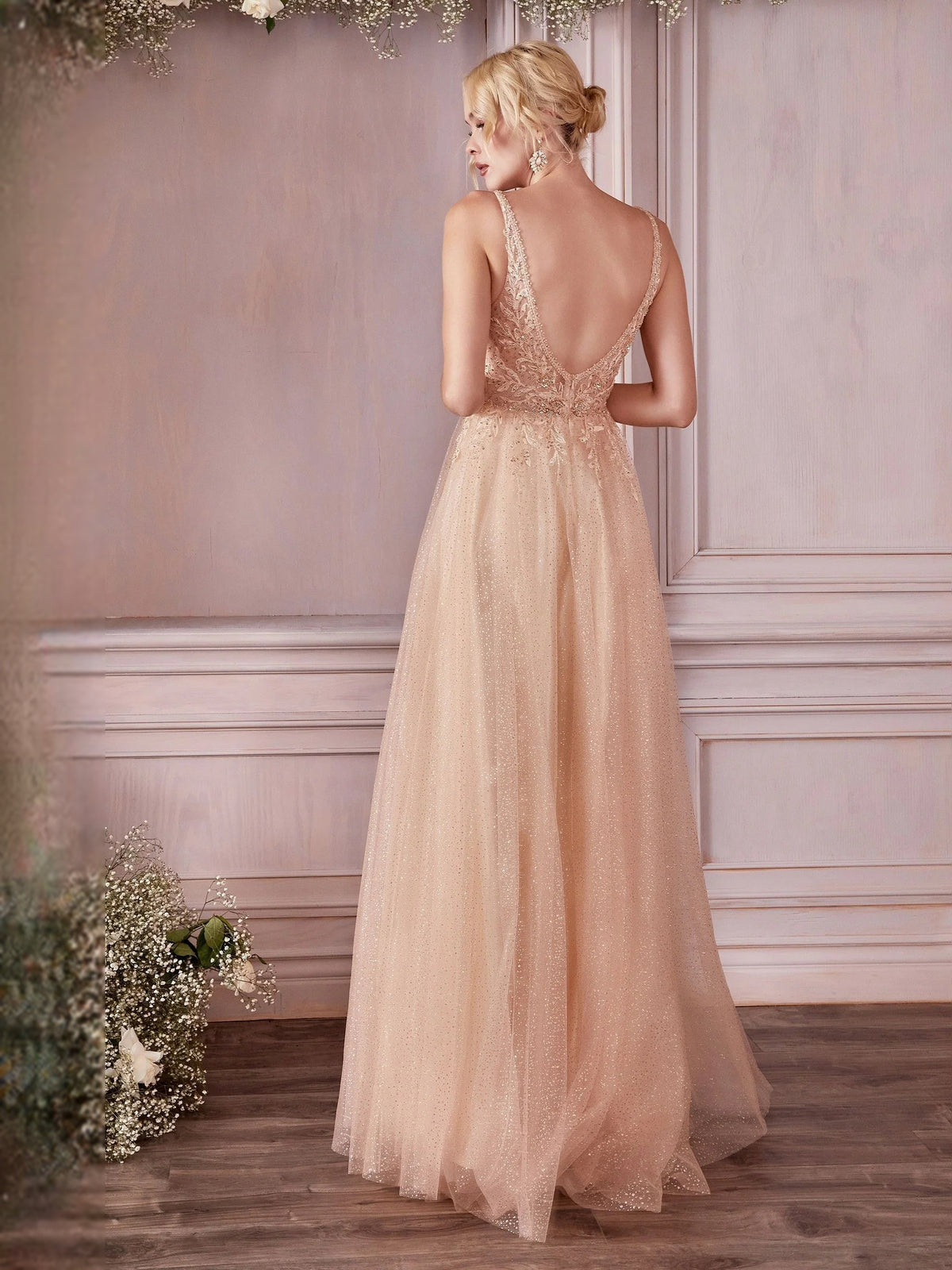 Champagne floor-length bridesmaid dress, alternate view showing the bodice and skirt