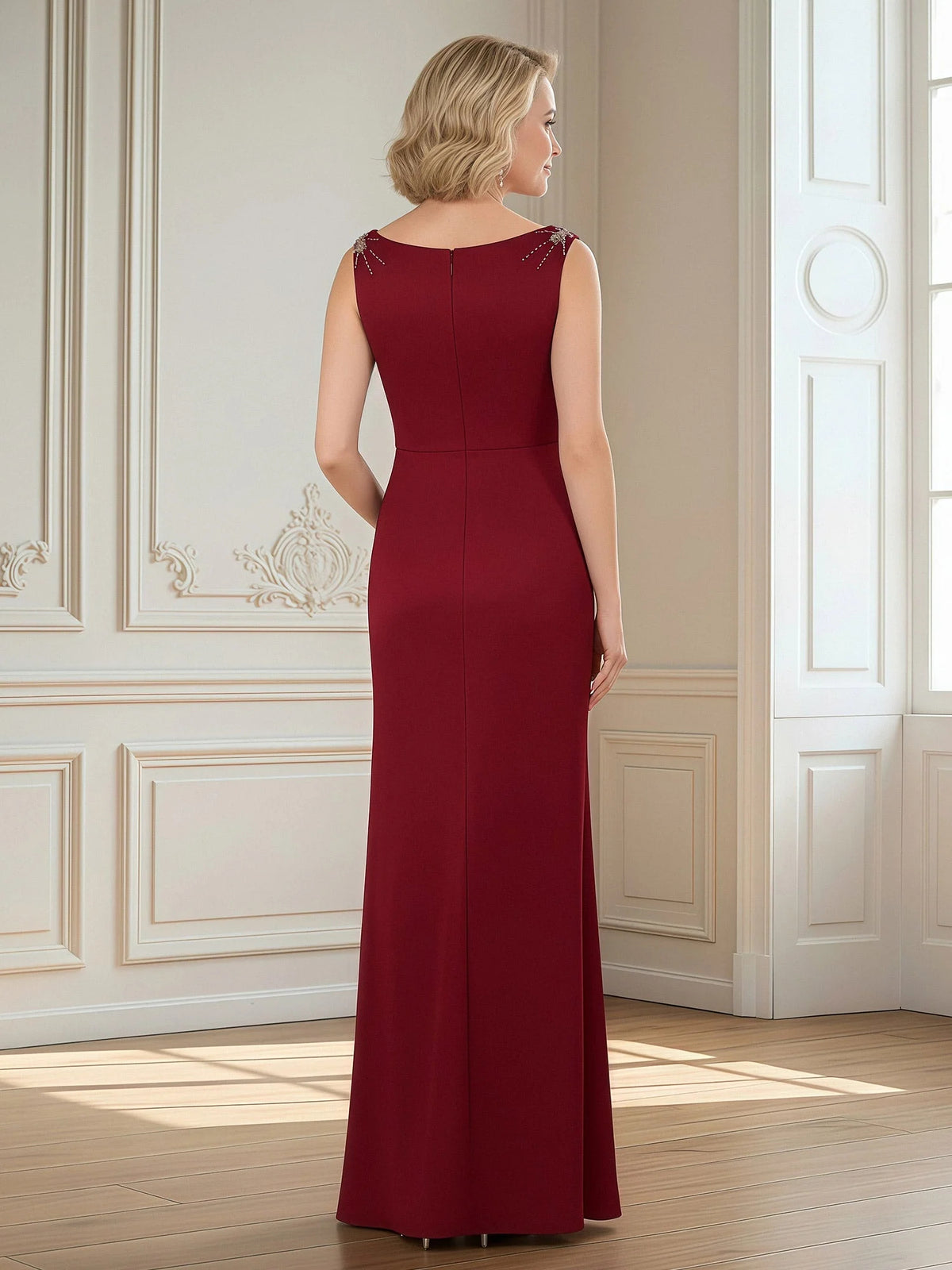 Burgundy floor-length mother of the bride dress, alternate view showing the bodice and skirt