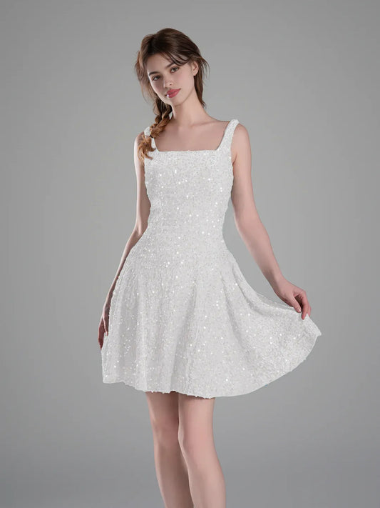 White mini homecoming dress, back view showing the rear of the dress