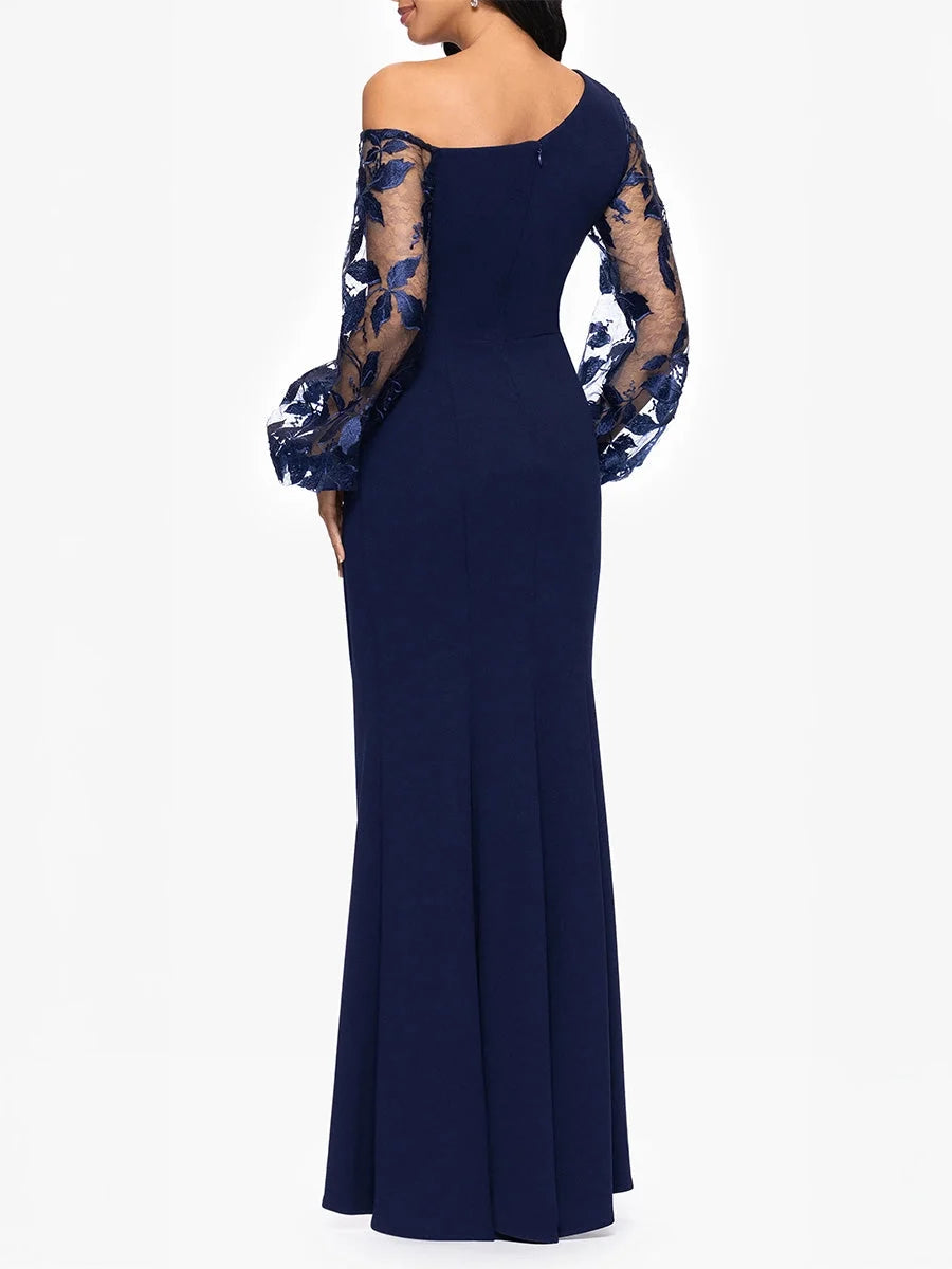 Dark Blue floor-length mother of the bride dress, alternate view showing the bodice and skirt