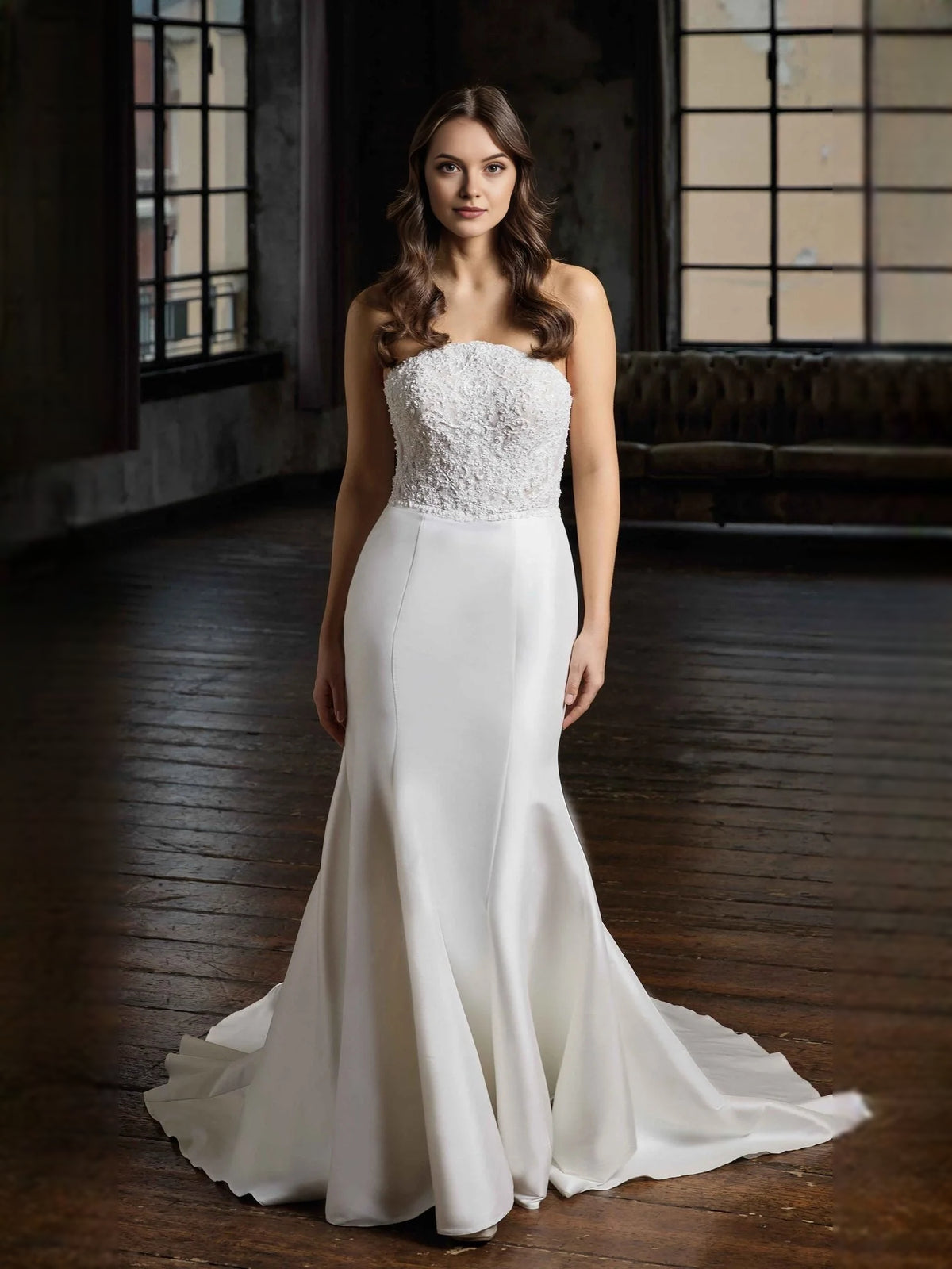 Ivory floor-length wedding dress, alternate view showing the bodice and skirt