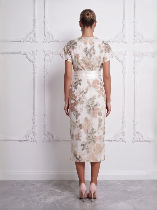 Ivory short mother of the bride dress, alternate view showing the bodice and skirt