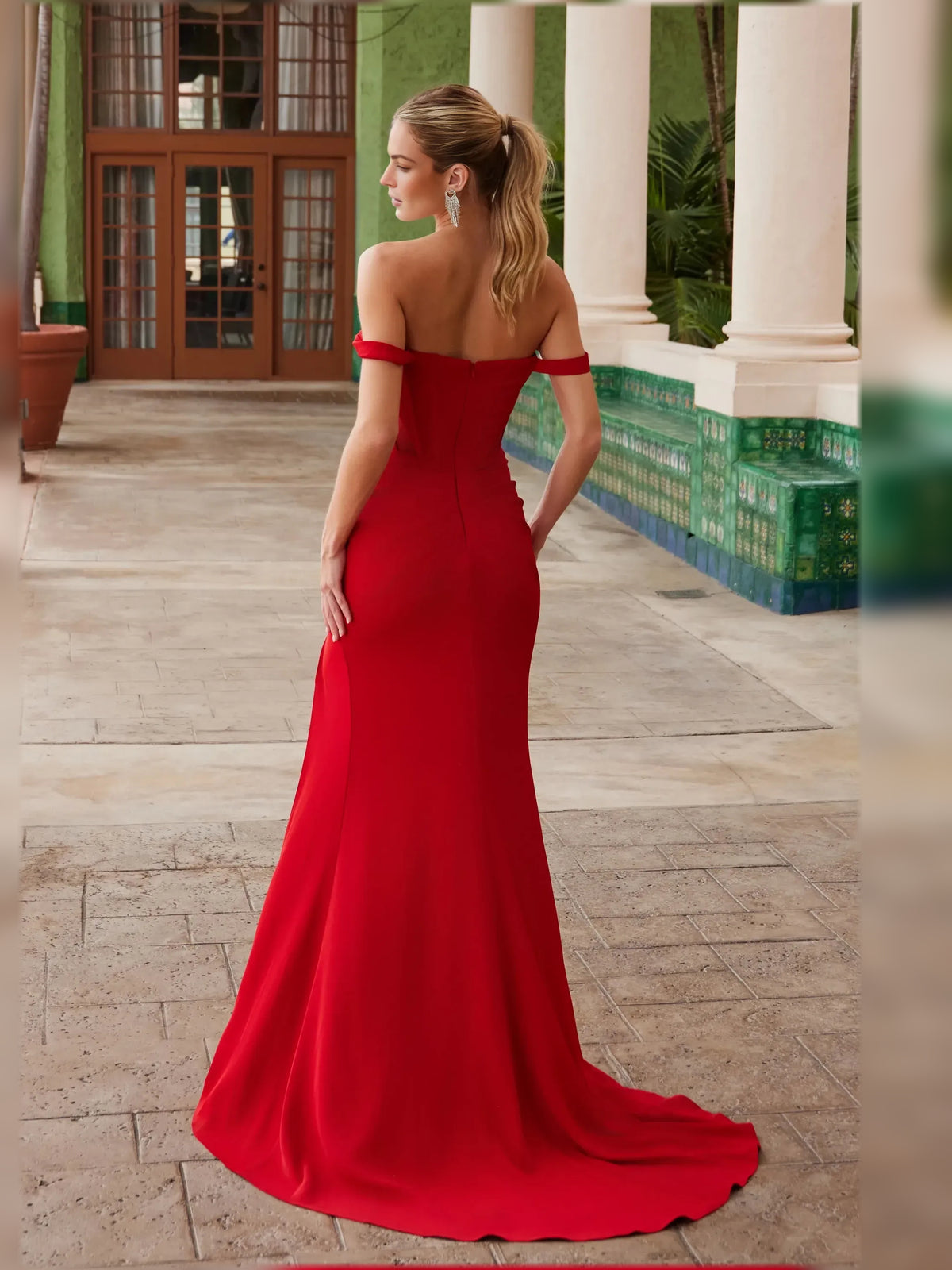 Crimson Red mermaid floor-length formal dress with corset-style bodice, alternate view
