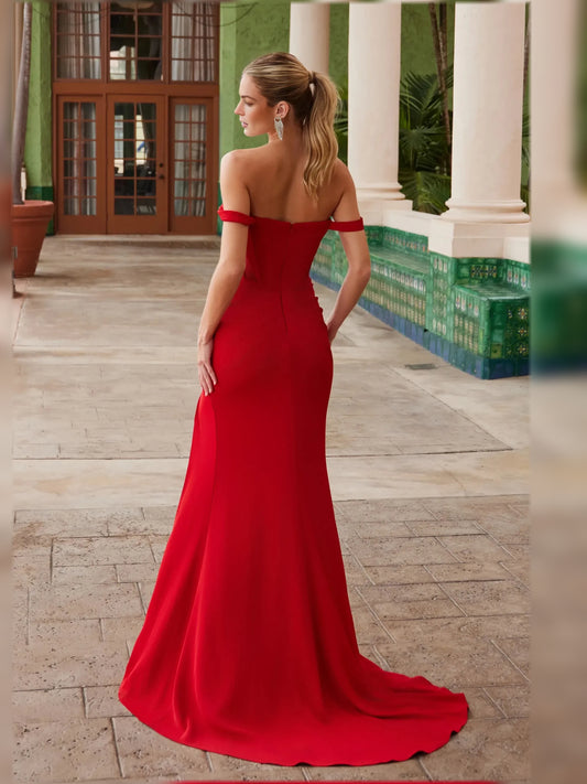 Crimson Red mermaid floor-length formal dress with corset-style bodice, alternate view
