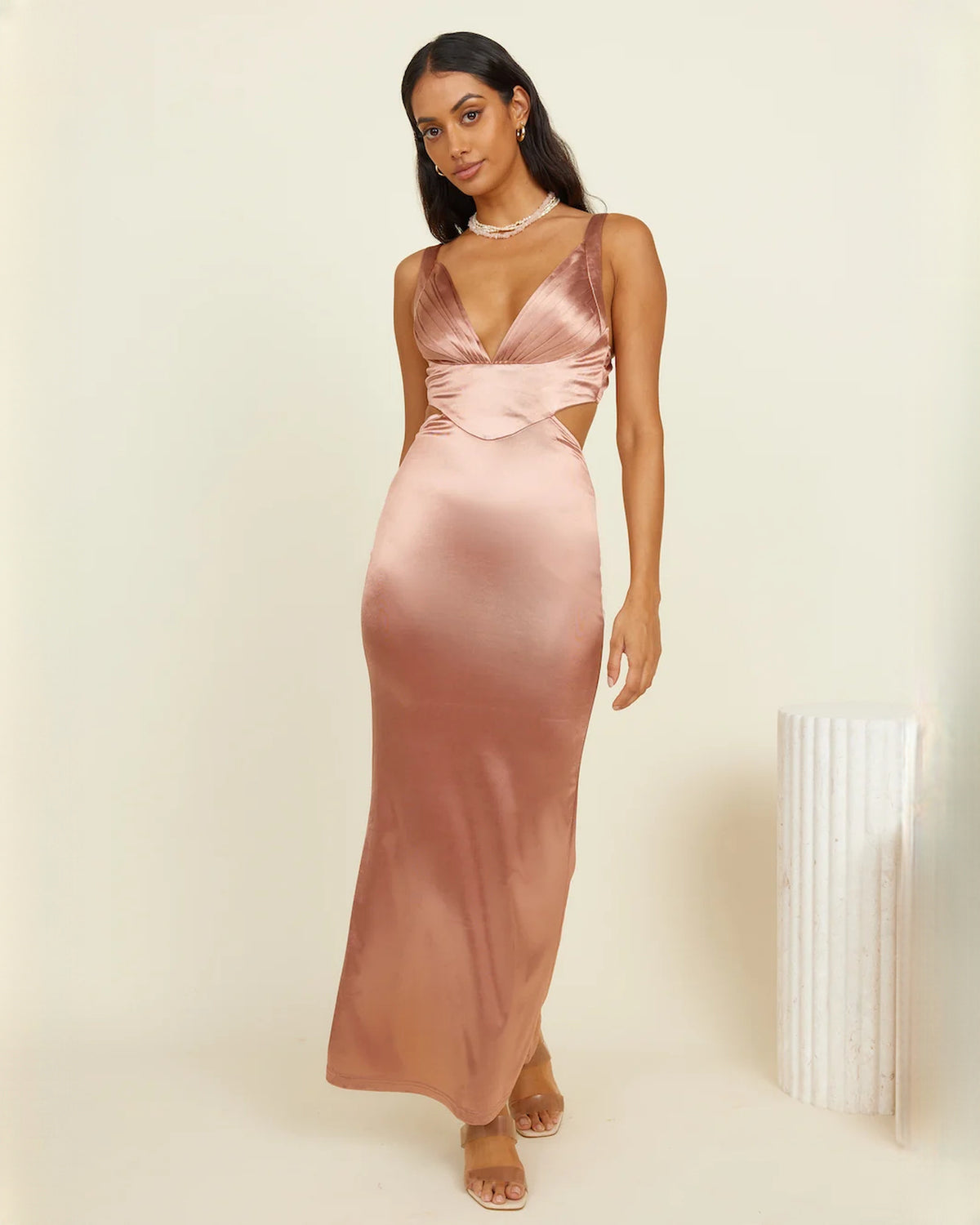sleeveless satin a-line maxi bridesmaid dress - image 2