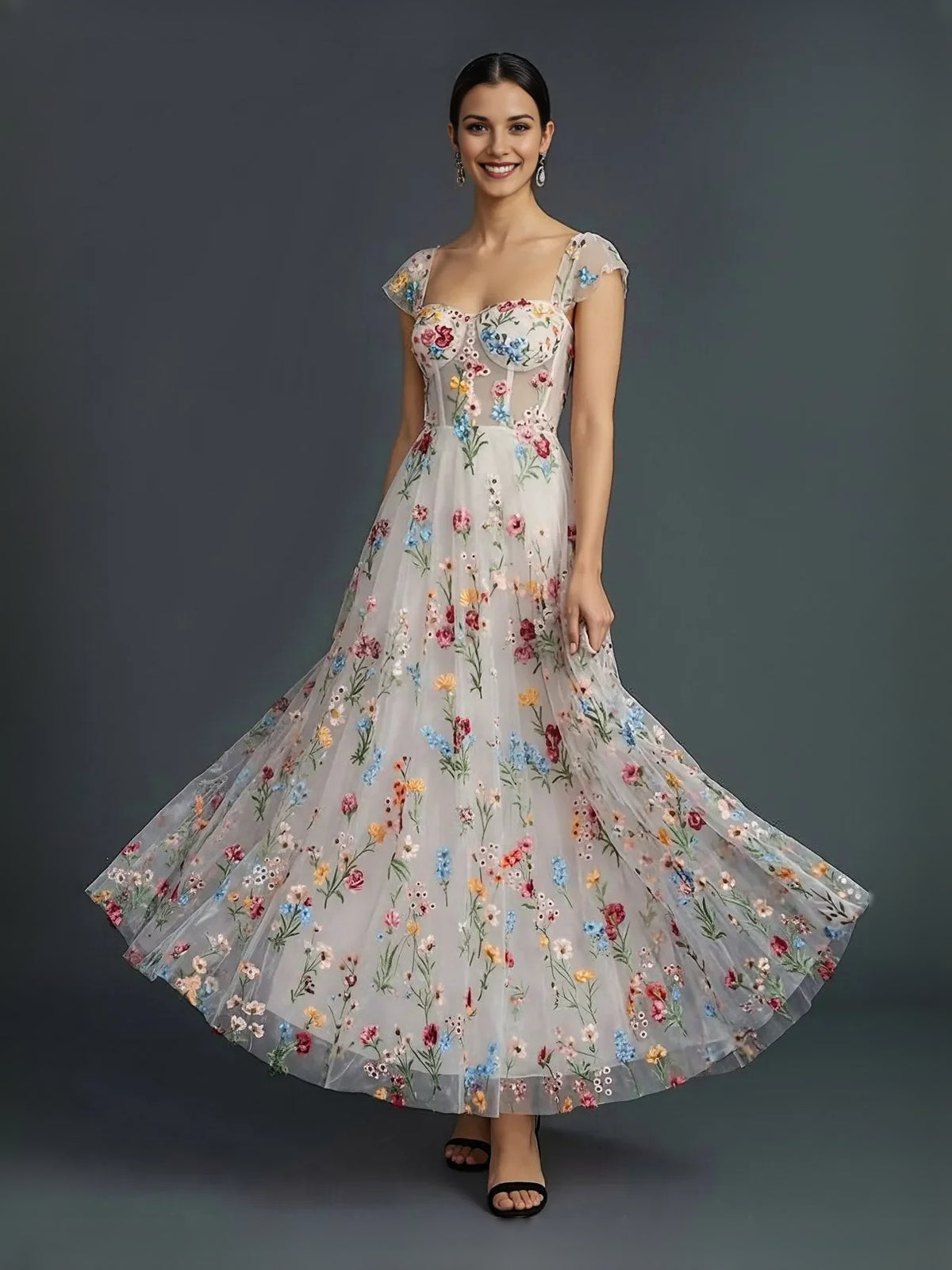 Floral tea-length prom dress, alternate view showing the bodice and skirt