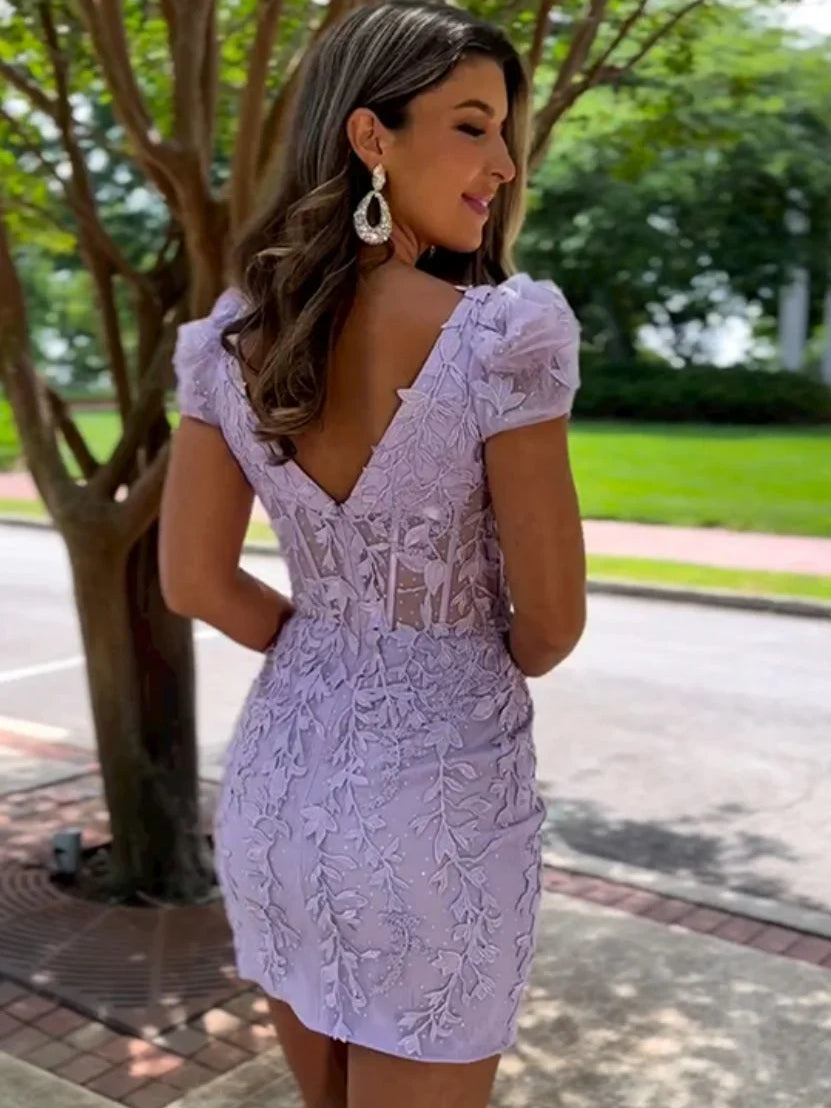 Lilac mini homecoming dress, back view showing the rear of the dress