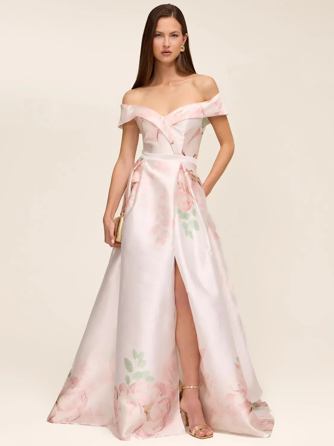 Floral maxi prom dress, alternate view showing the bodice and skirt
