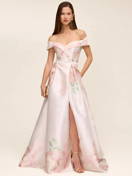 Floral maxi prom dress, alternate view showing the bodice and skirt
