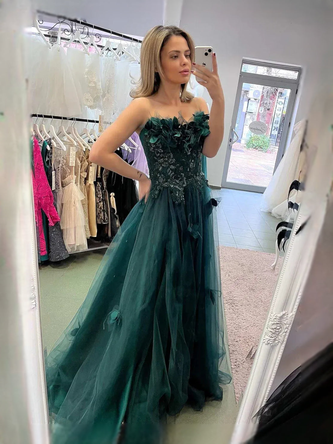 Emerald Green maxi prom dress, alternate view showing the bodice and skirt