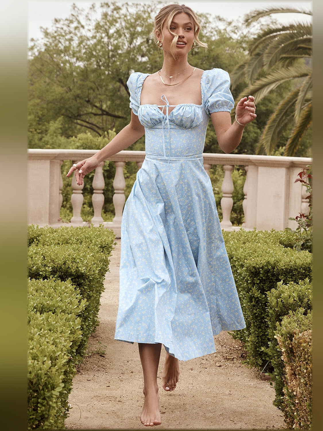 Blue Ivory Floral midi formal dress with floral print, alternate view