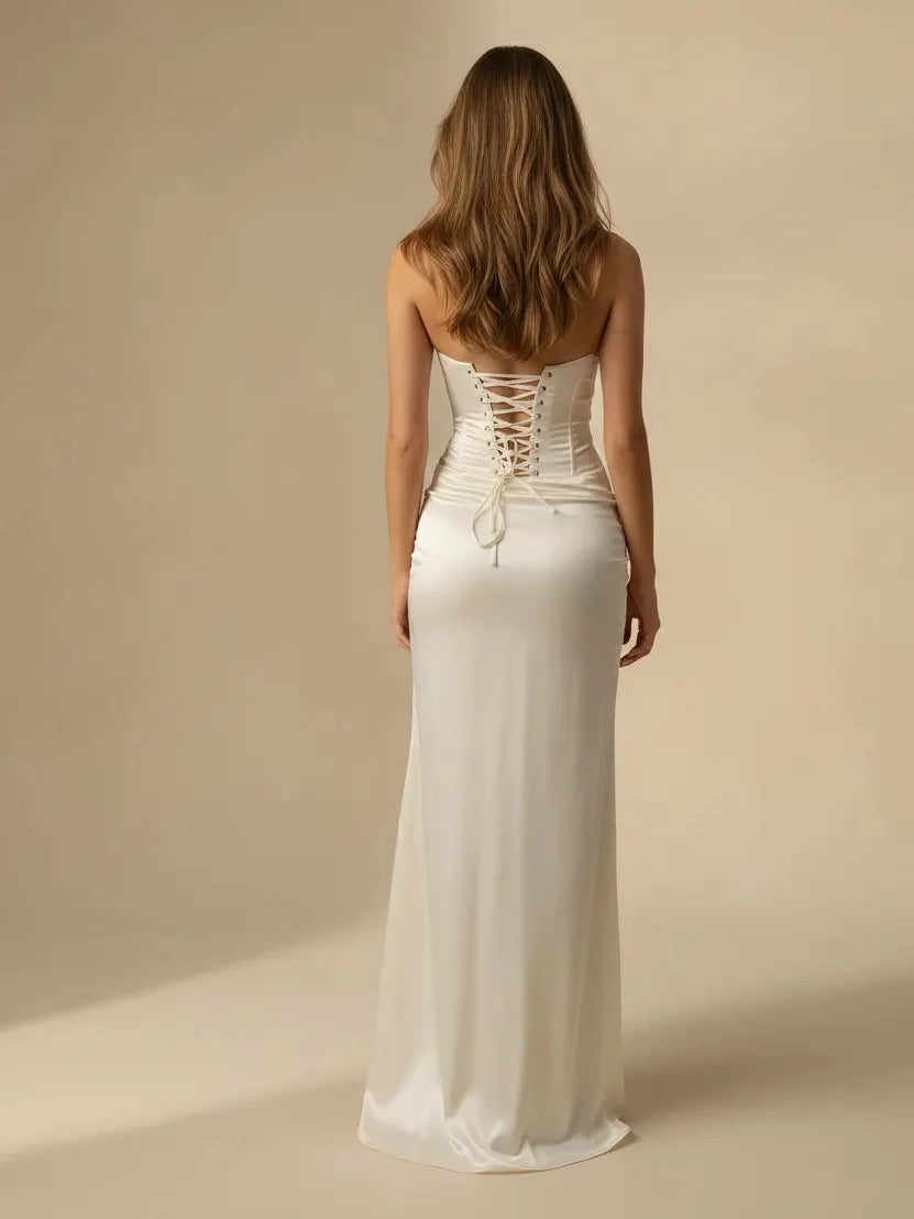 Ivory floor-length wedding dress, alternate view showing the bodice and skirt