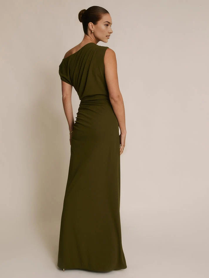 Olive Green maxi bridesmaid dress, alternate view showing the bodice and skirt
