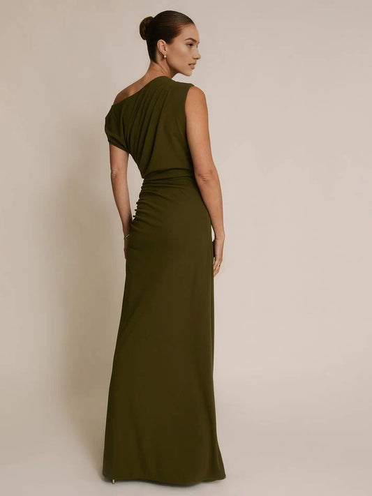 Olive Green maxi bridesmaid dress, alternate view showing the bodice and skirt