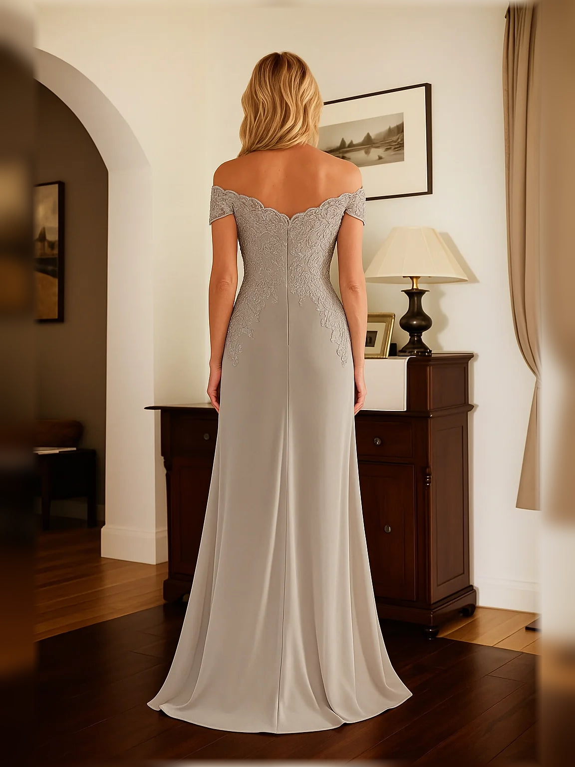 Gray floor-length mother of the bride dress, alternate view showing the bodice and skirt