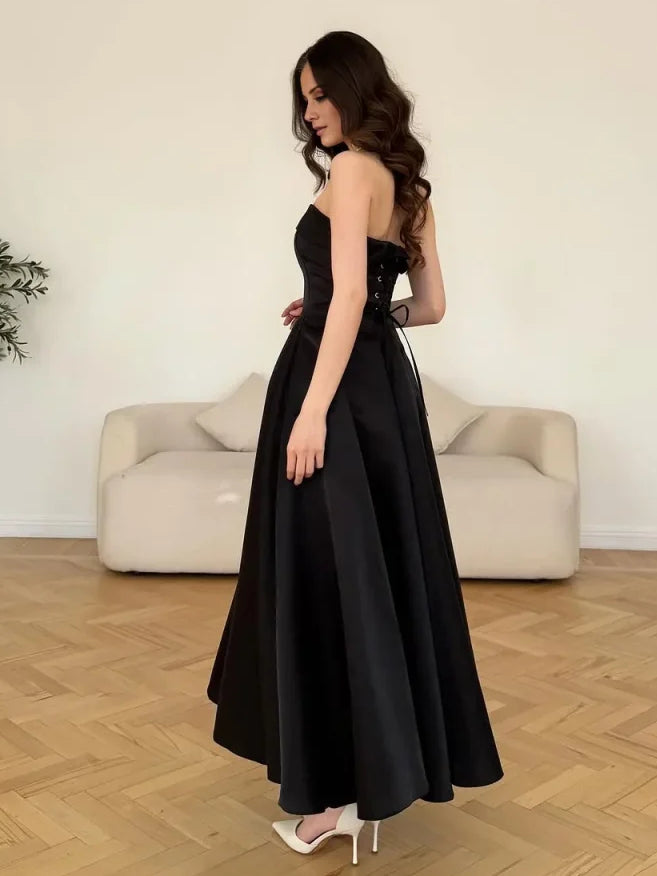 Black midi bridesmaid dress, alternate view showing the bodice and skirt